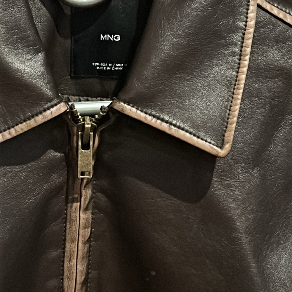 Mango Dark Brown Leather Jacket with Contrast Stitching - Picture 10 of 11